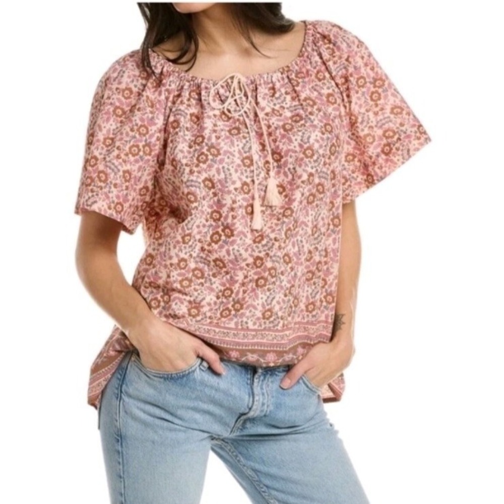 Faherty Florence Organic Cotton Peasant Blouse in Earth Block Print,‎ Size S